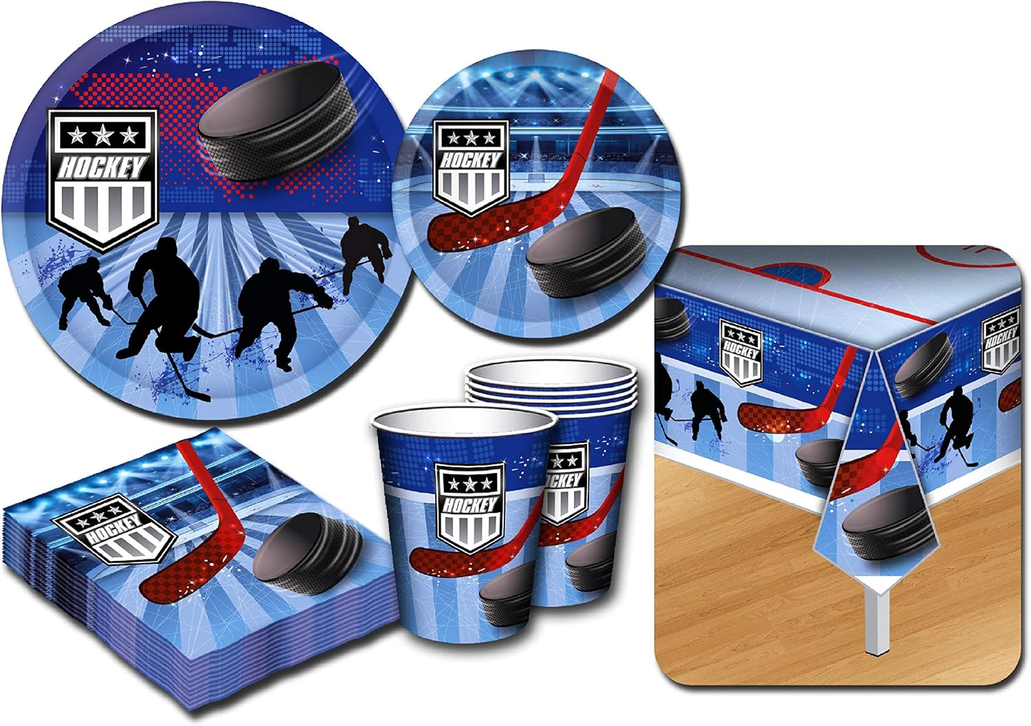 Deluxe Hockey Theme Party Supplies Set for 20 People, Includes 20 Large Plates, 20 Small Plates, 20 Napkins, 20 Cups & 2 Table Covers - Perfect for Gameday or Birthday (82 Pieces Total)