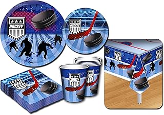 Deluxe Hockey Theme Party Supplies Set for 20 People, Includes 20 Large Plates, 20 Small Plates, 20 Napkins, 20 Cups & 2 Table Covers - Perfect for Gameday or Birthday (82 Pieces Total)