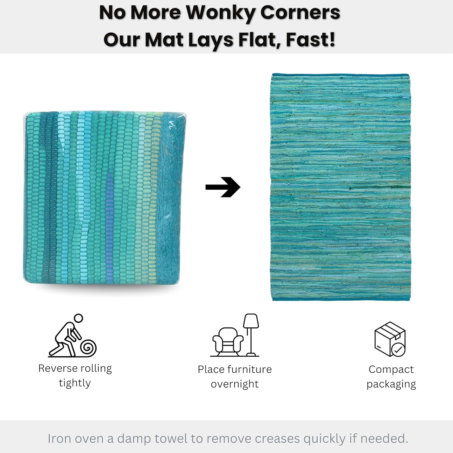Cotton Hand Woven Chindi Rug 3x5 Feet - Teal, Reversible Large Durable Handmade Rag Dhurrie Ideal for Hallway, Kitchen, Living Room | Green Farmhouse Decorative Rectangular Floor Mat for Balcony