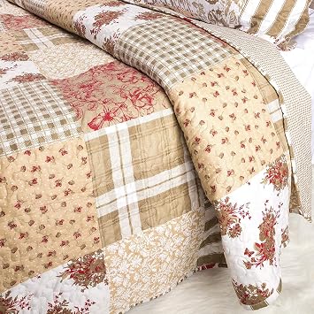 B&B King Size Bed Throw for Bedroom Decor + 2 Pillow Sham 3 Piece Quilted Bedspread Beautiful Floral Vintage Design Comforter Set (Alvina)