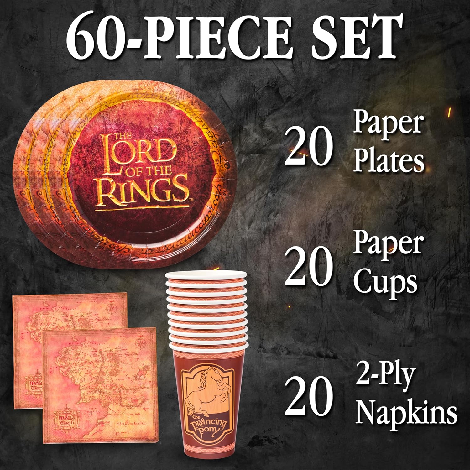 Silver Buffalo The Lord of the Rings Prancing Pony 60 Pack Partyware Disposable Paper Plates, Napkins, and Cups