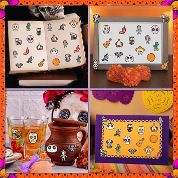 BeYumi Sugar Skull Roll Stickers - 1000Pcs Day of The Dead Stickers in 2 Rolls Dia de Los Muertos Sugar Skull Waterproof Vinyl Decals Halloween Mexican Festival Party Supplies Classroom Decor for Kid