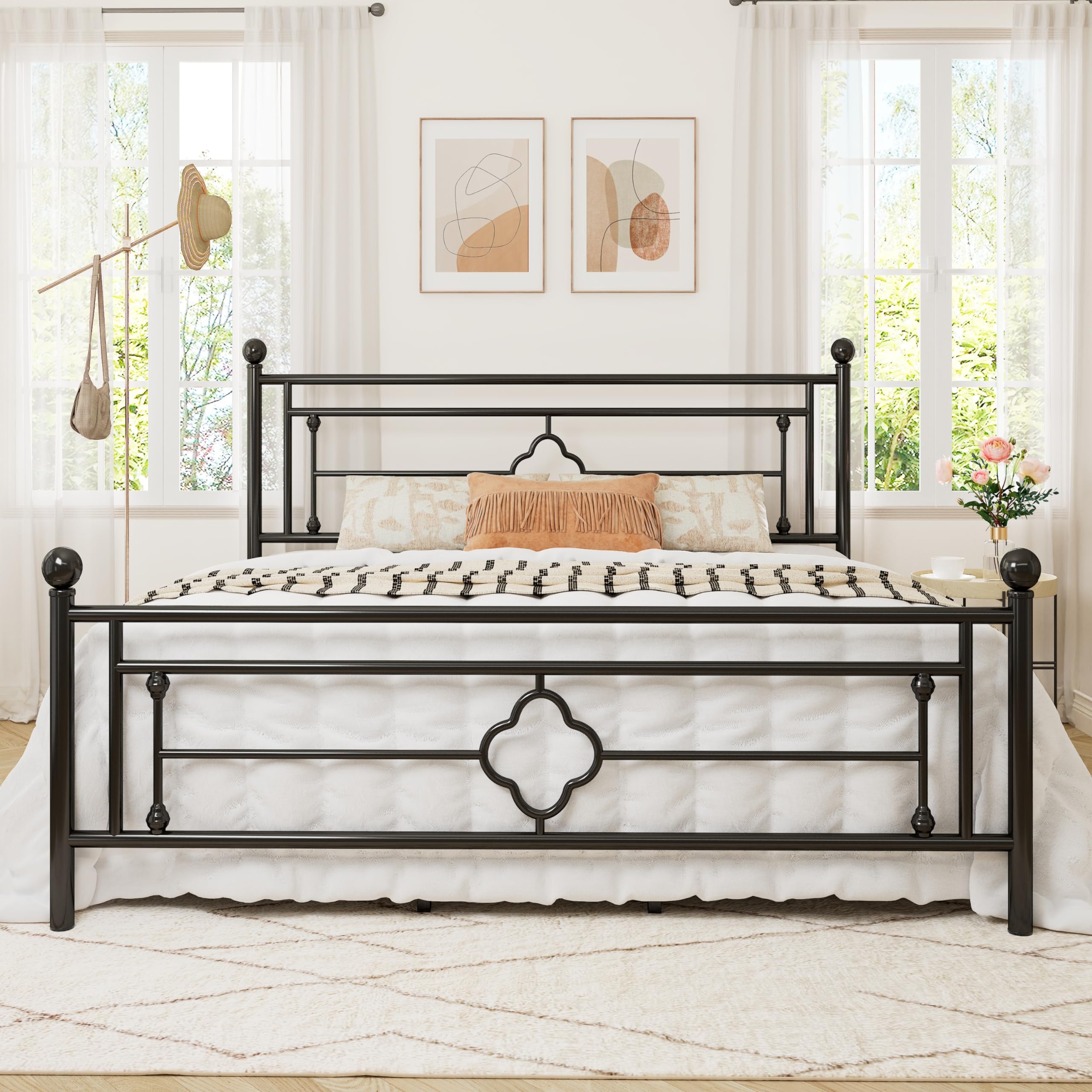 King Size Metal Platform Bed Frame with Victorian Vintage Headboard and Footboard/Mattress Foundation/Under Bed Storage/No Box Spring Needed/Noise-Free/Easy Assembly, Black