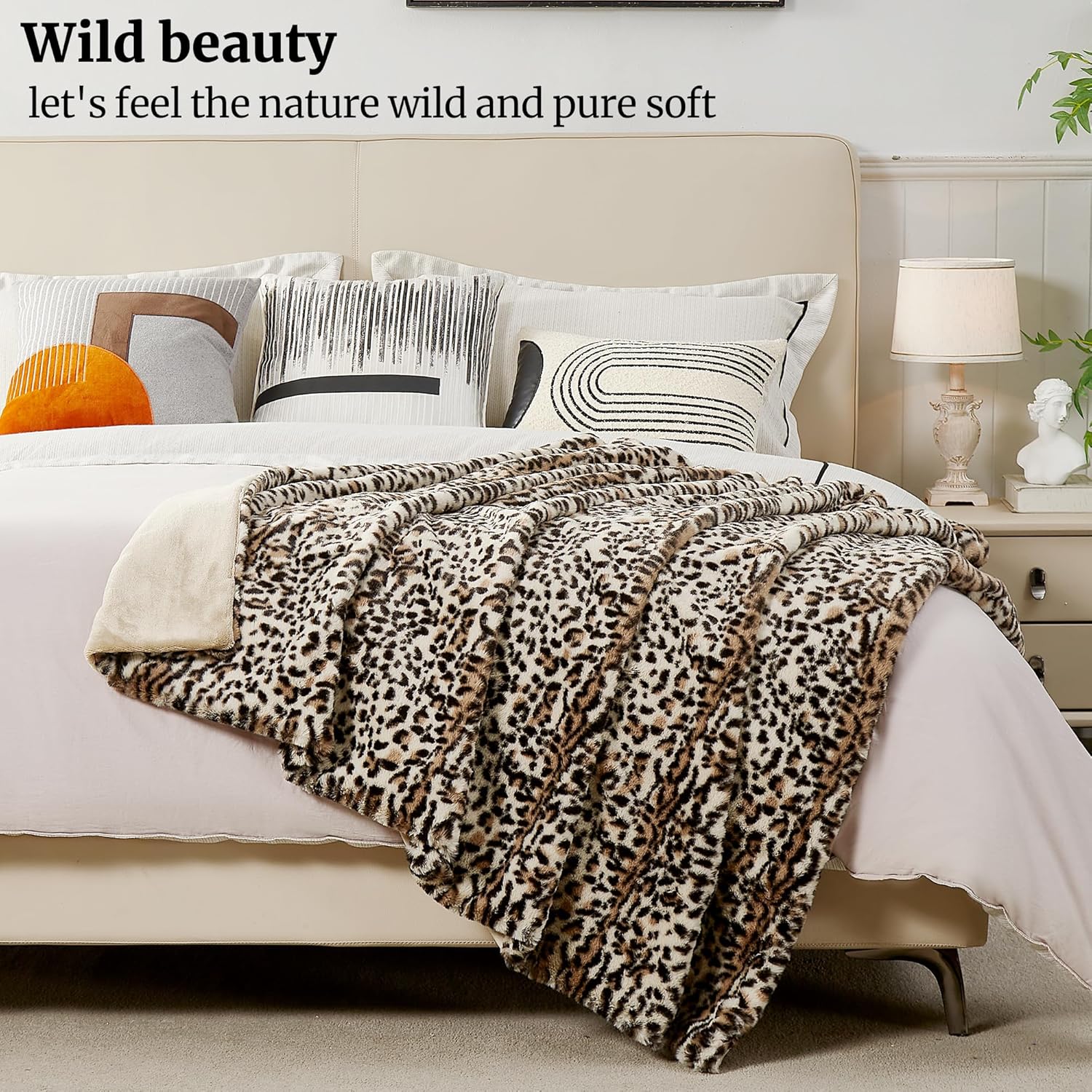DREAMNINE Luxury Brown Leopard Print Faux Rabbit Fur Blanket 50" x 60",Decorative Soft Thick Fluffy Cheetah Furry Blankets,Warm Blanket for Winter,Animal Printed Cozy Accent Fuzzy Lap Blankets, Cream - Image 3