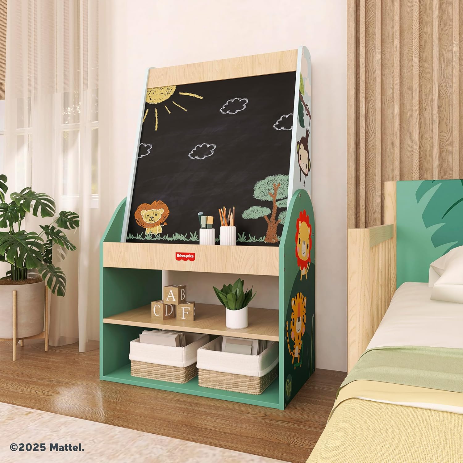 Dream On Me Fisher-Price Fauna Collection Wild Wonder Artist Center, Jungle Print, Built-in Blackboard, Crafted with Durable Pinewood