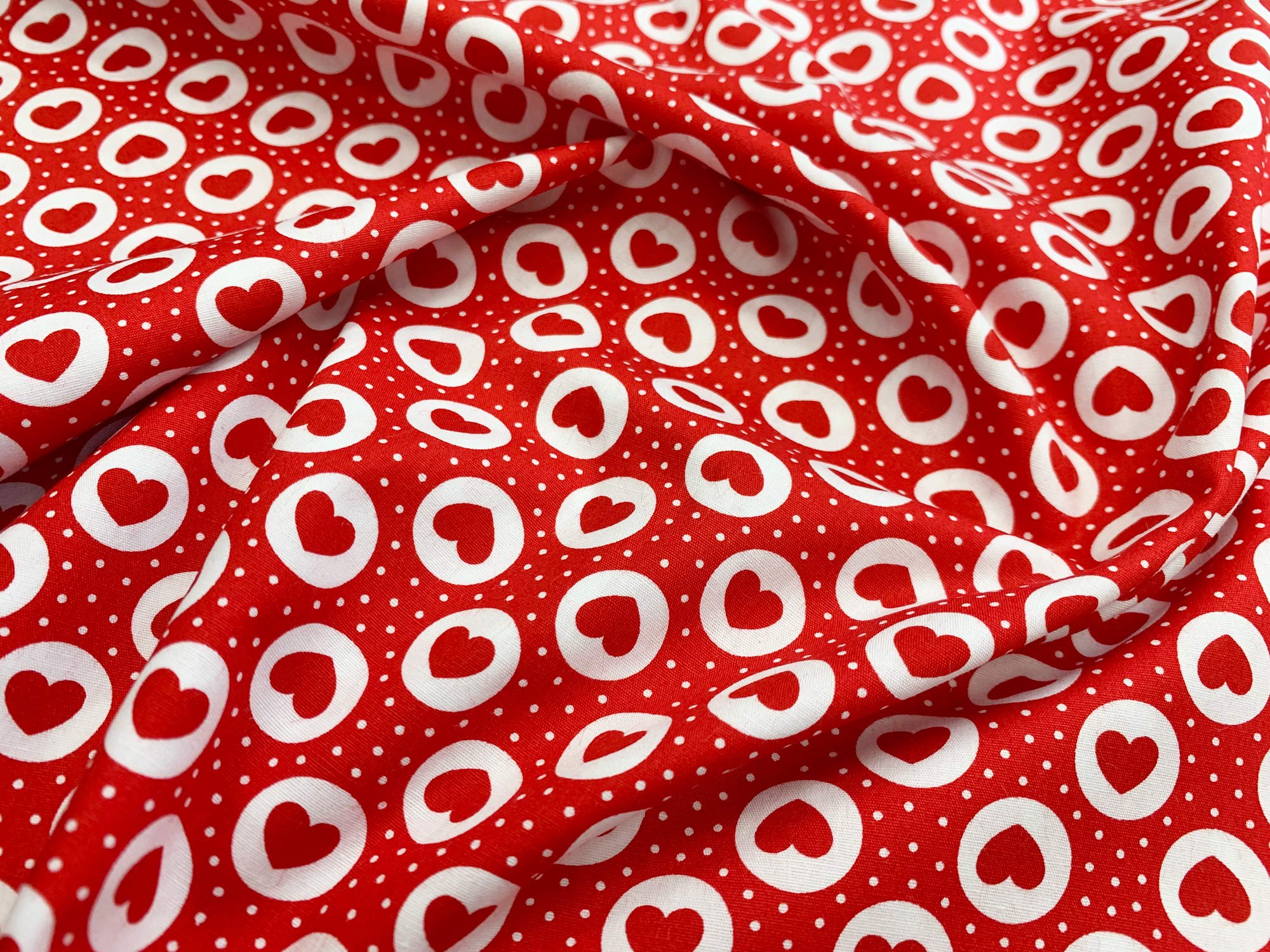 100% Cotton Poplin Fabric - Red & White Love Hearts on Red - Craft Fabric Material by The Metre (CP0883)