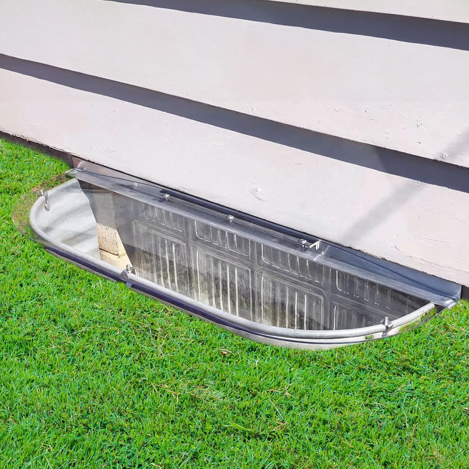 Clear Polycarbonate Window Well Cover Sloped Elongated (42" W x 14" L) – Heavy Duty Basement Window Well Covers Outside Protection from Debris, UV-Resistant with Rust-Free Aluminum Bracing