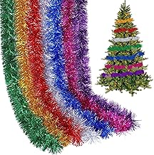 7 Pieces Multicoloured Christmas Tinsel Garlands Thick Tree Hanging Decoration Reusable Shiny Metallic Twist Garland for Indoor Outdoor Holiday Party Supplies, 7 Colors, 14 m in Total