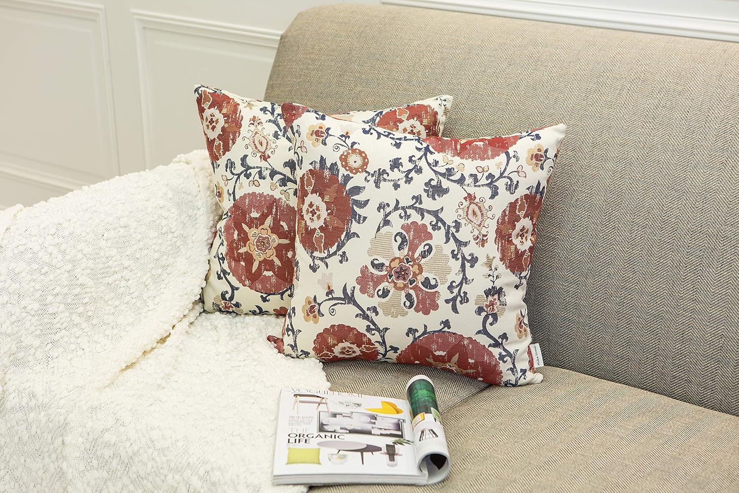 Mika Home Pack of 2 Jacquard Circle Floral Throw Pillow Shell Vintage Cushion Cover for 20X20 Inserts Cream Red