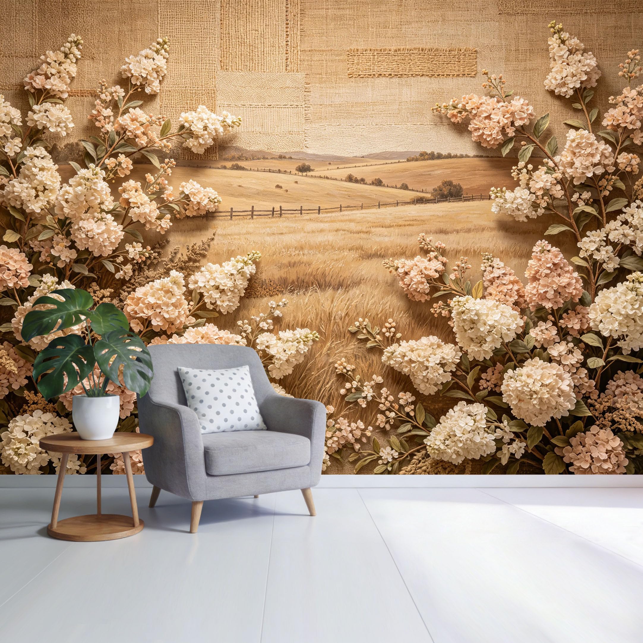 Custom Size Wall Mural Rustic Countryside Meadow with White and Beige Hydrangea Floral Farmhouse Landscape SelfAdhesive Wall Fabric Removable Wallpaper for Home Office Decor