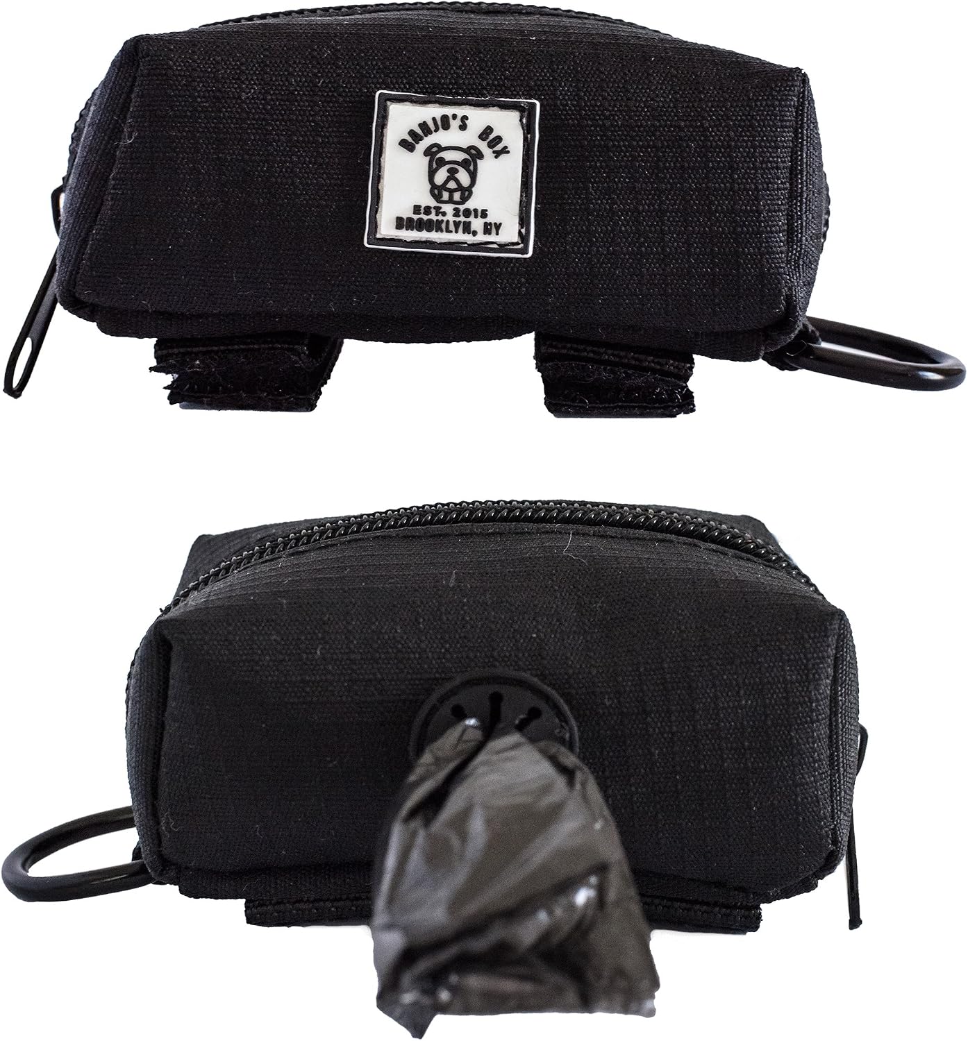 Banjo's Box | Dog Poop Bag Holder Leash Attachment | Walking, Running, Hiking Accessory, Includes 1 Roll of Poop Bags (Black)