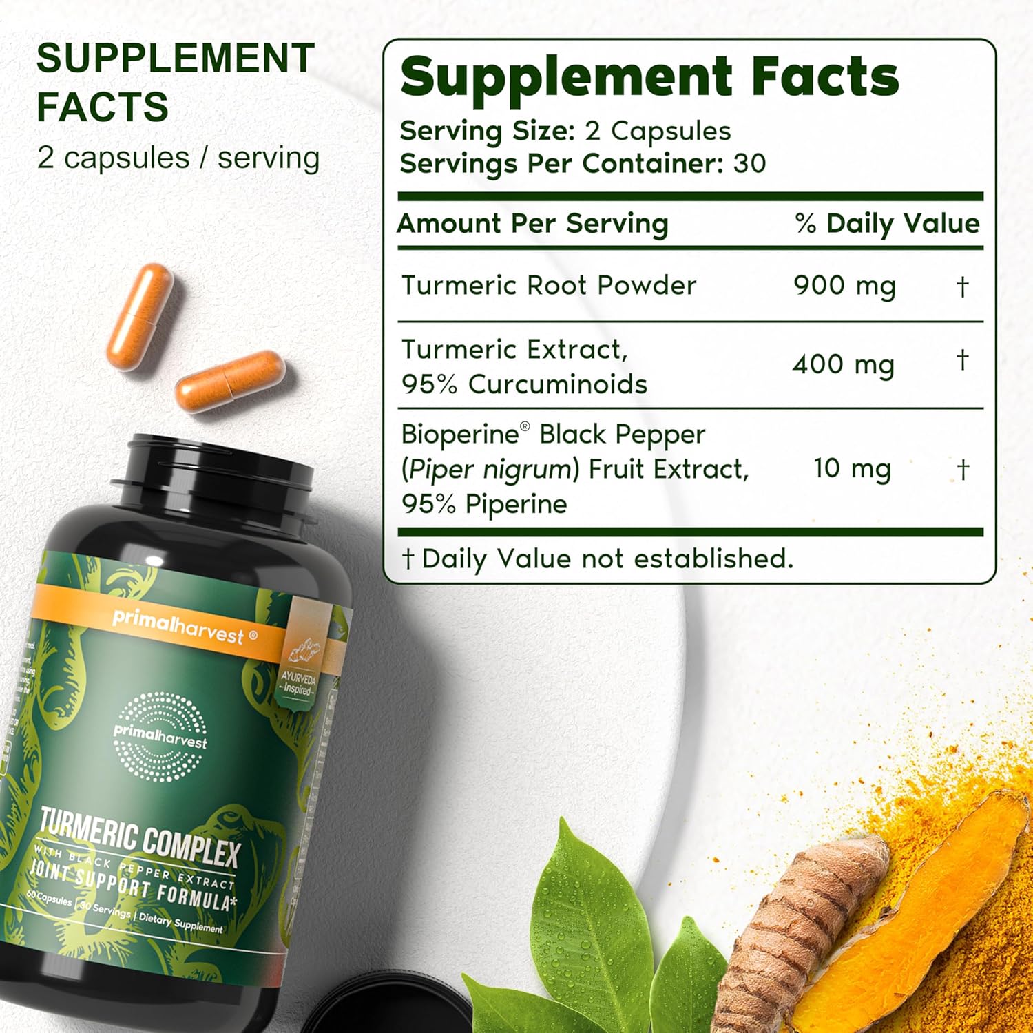 Primal Harvest 2 Pack, Primal Turmeric Complex w/Black Pepper Extract, Joint and Mobility Support Supplement for Women & Men, 120 Capsules - Image 2