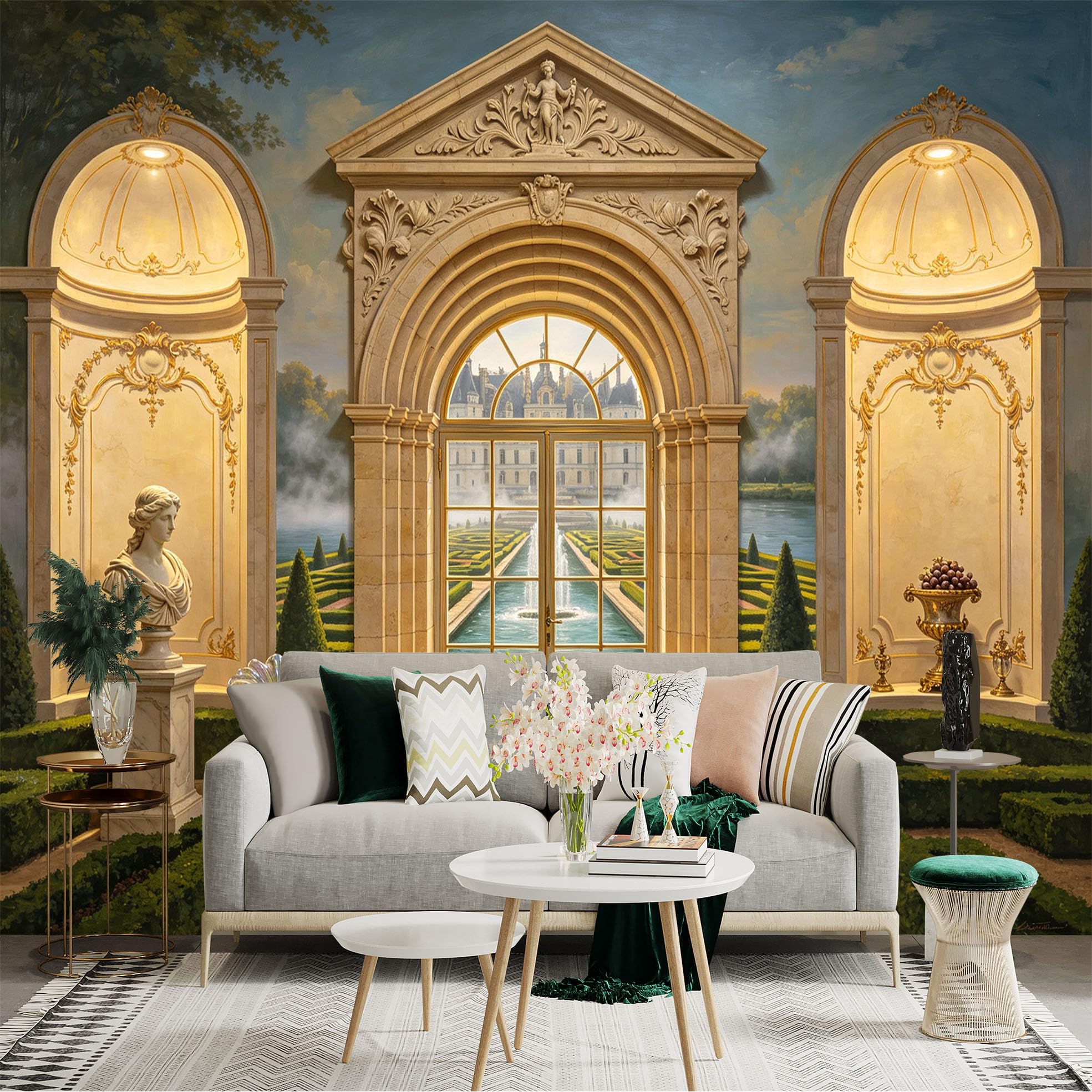 Custom Size Wall Sticker Mural， Classical Palace Archway， Garden Courtyard and Marble Statue， for wall Decoration， peelandstick wall Decals.