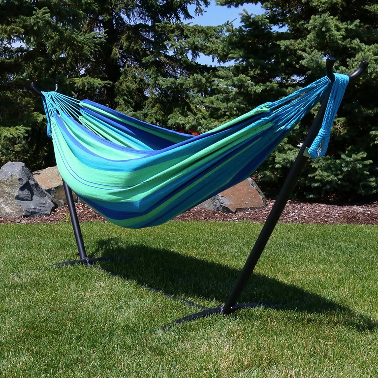Sunnydaze Double Brazilian Hammock with Stand and Carrying Case - 400-Pound Capacity - Black Stand - Beach Oasis