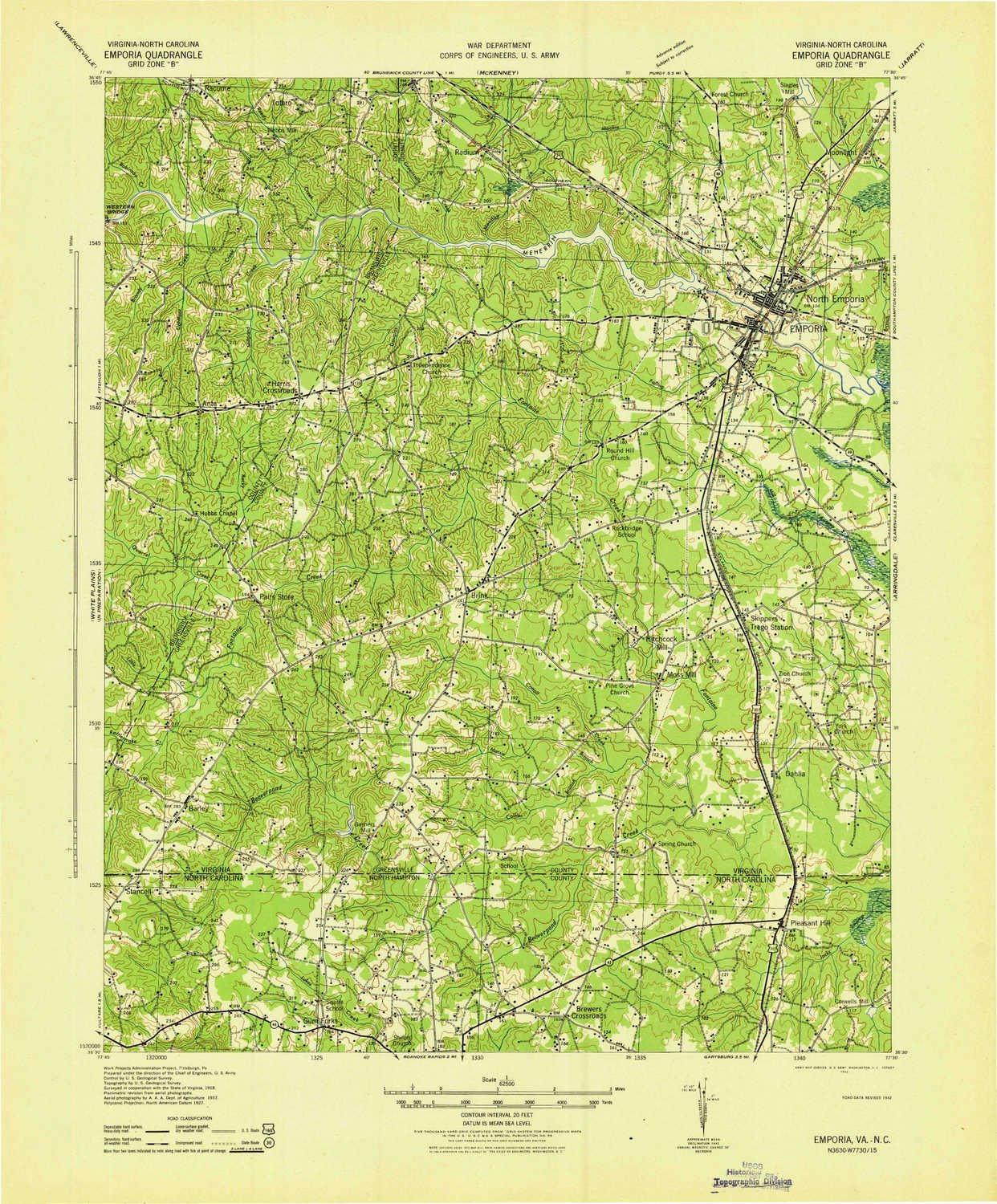 YellowMaps Emporia VA topo map, 1:62500 Scale, 15 X 15 Minute, Historical, 1942, 21.5 x 17.9 in - Tyvek