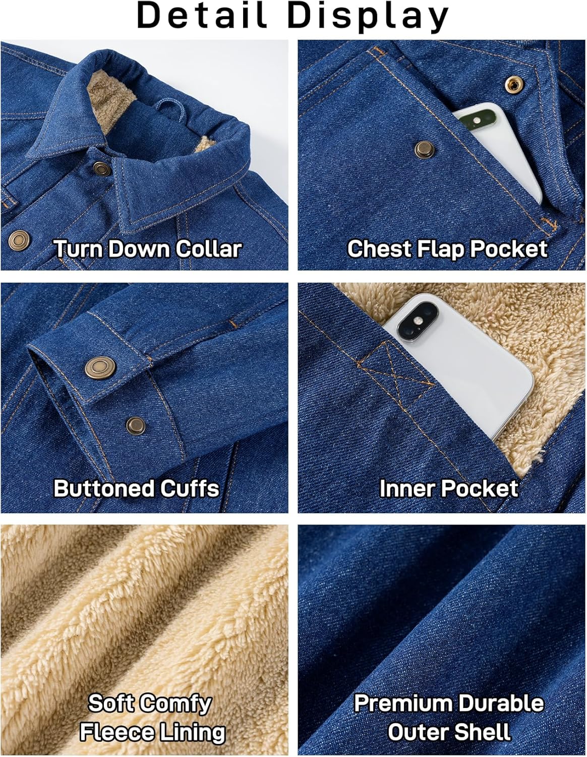 Flygo Mens Sherpa Fleece Lined Denim Jackets Winter Warm Snap Turn Down Collar Trucker Jacket Cowboy Thicken Heavy Duty Coat - Image 6