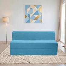 4 Seater 6 * 6 Jute Fabric Washable Cover Sofa Cum Bed 4 Seater Double Foam Fold Out Sofa Cum Bed (Finish Color - Blue Delivery Condition - Pre-Assembled)