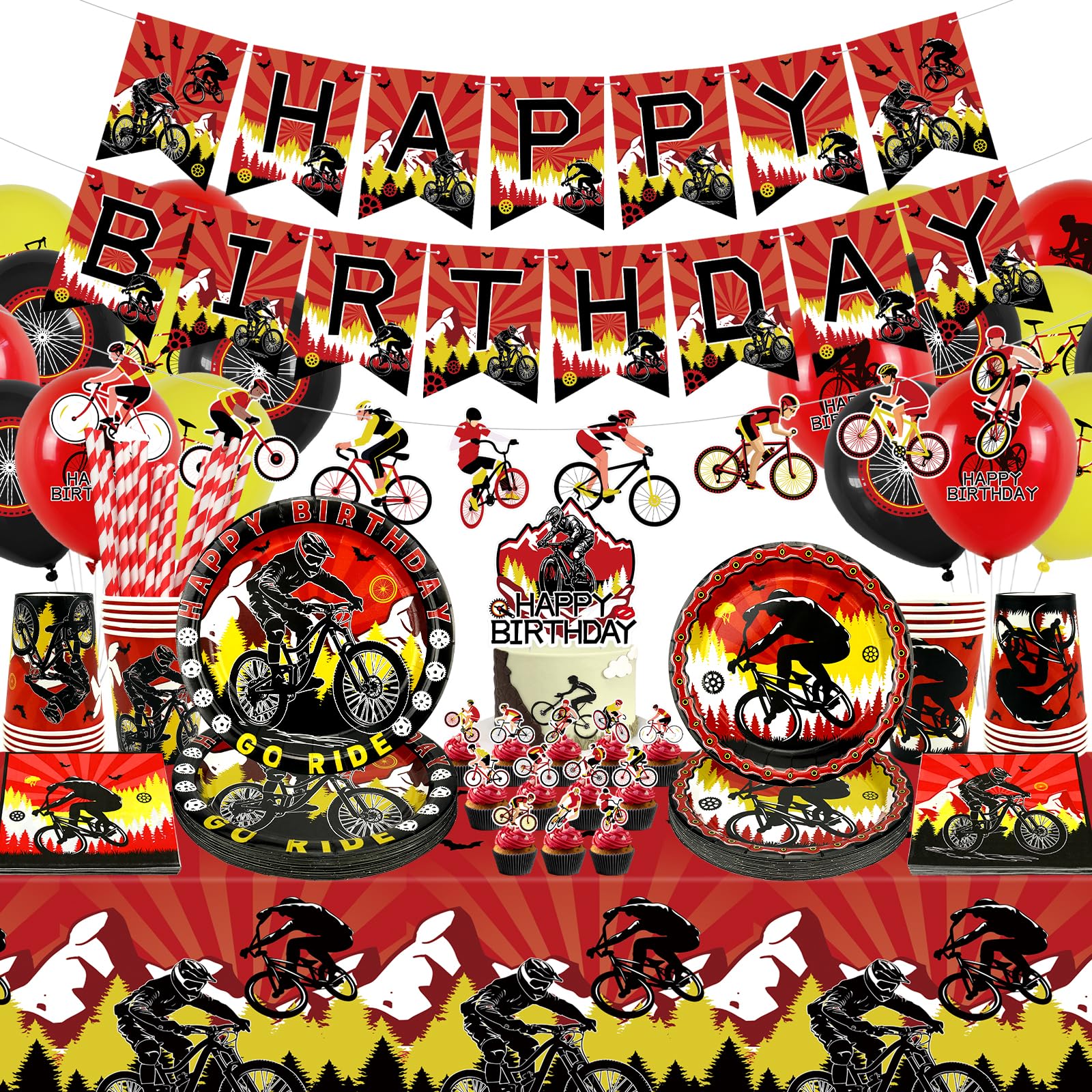 Decorazioni per feste di compleanno per bicicletta, accessori per feste in bicicletta, tra cui striscioni, piatti, decorazioni per torte, bicchieri, tovaglioli, palloncini, tovaglie, per 20