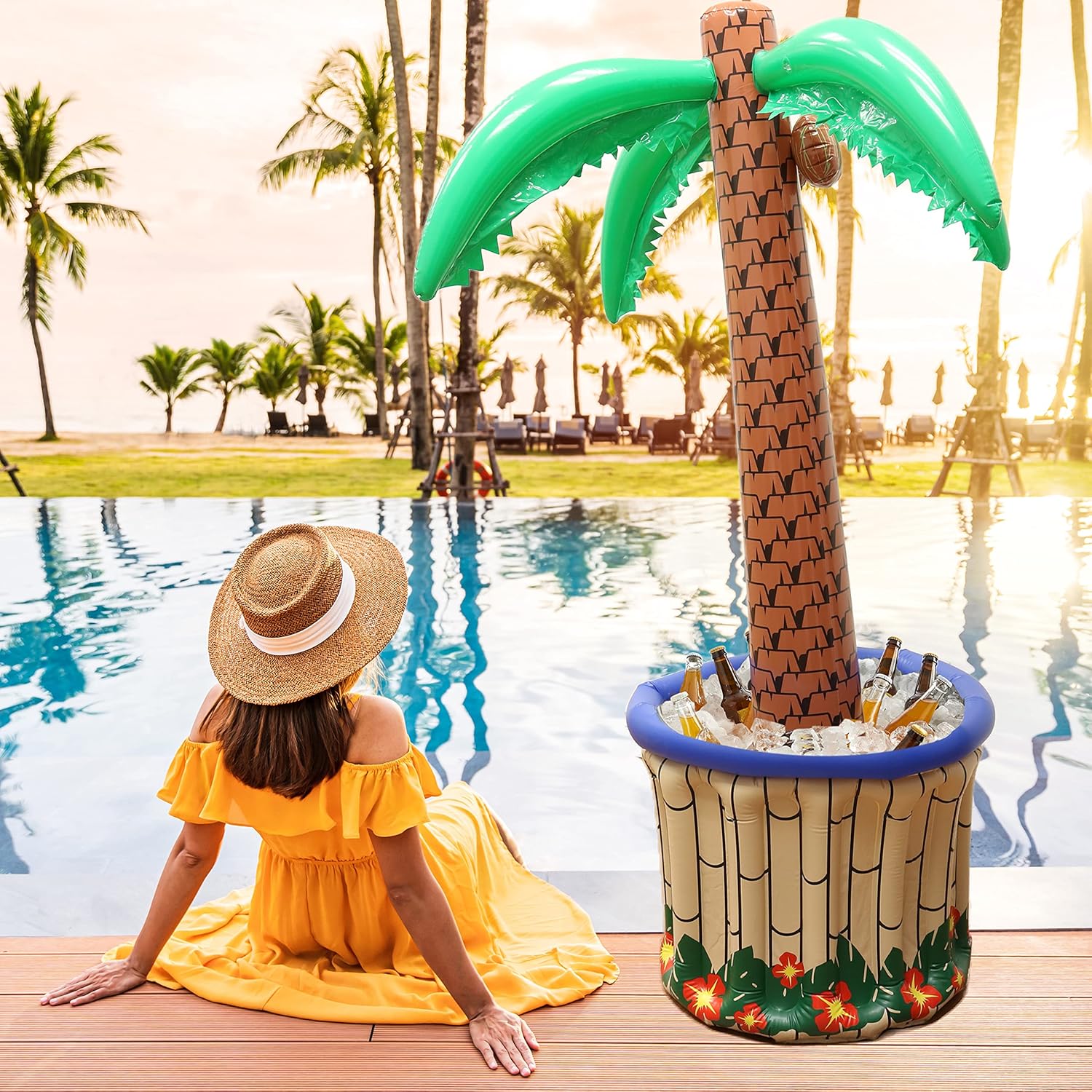 GIFTEXPRESS 72" Inflatable Palm Tree Cooler, Tropical Hawaiian Theme Party Décor, Perfect for Pool Party Summer BBQ Party and Luau Party, 6 Feet Inflatable Bar Cooler for Tropical Party Decorations