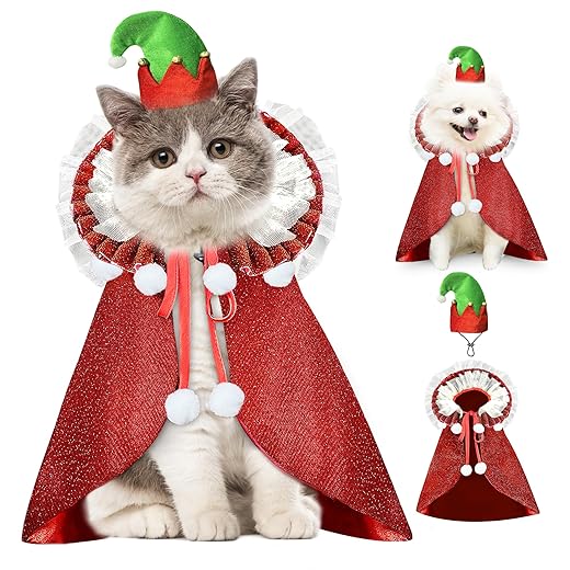 KOUPA Pet Christmas Costume with Hat, Dog Halloween Clothes Cosplay Wizard Cloak for Small Puppy Kitten Animal, Shiny Cat Outfit Suit for Party Holiday, Red