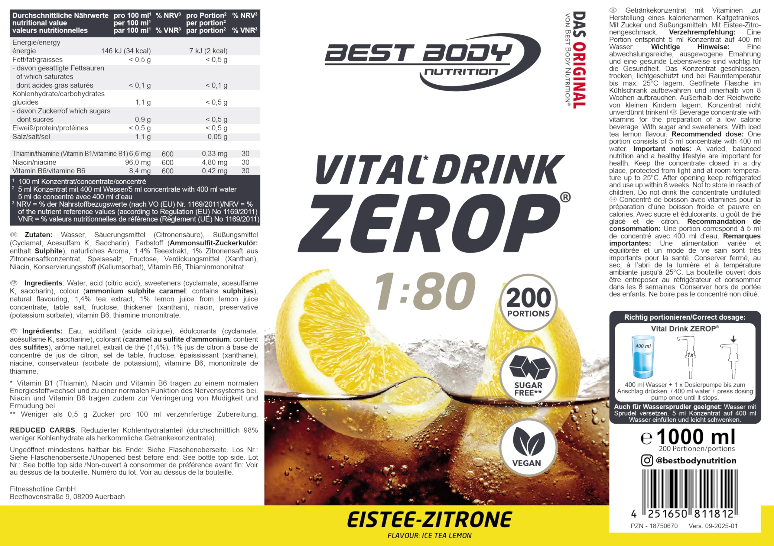 Best Body Nutrition Vital Drink ZEROP Eistee 1000 ml – Ansicht 2