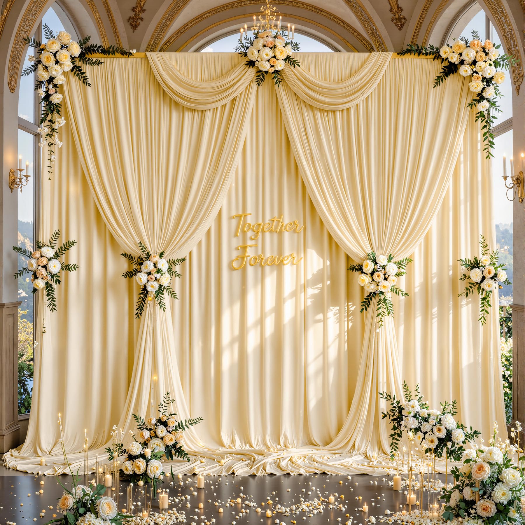 20ftx12ft Wrinkle Free Champagne Backdrop Curtain, 4 Panels 12FT Long Wedding Photo Backdrop Drapes, Silky Polyester Back Drop Cloth for Birthday Photography Background Party Backdrop Draping
