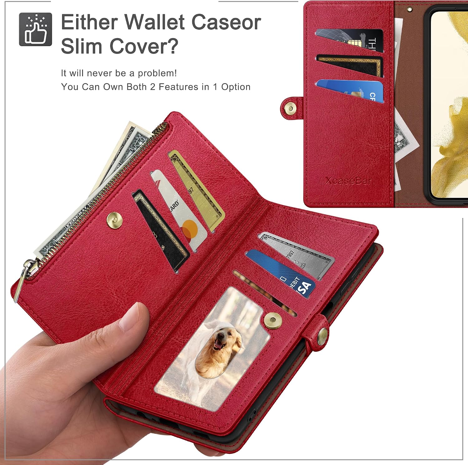 XcaseBar for Samsung Galaxy S21 Plus Wallet case with Zipper Credit Card Holder【RFID Blocking】, Flip Folio Book PU Leather Phone case Shockproof Cover Women Men for S21 Plus case Red