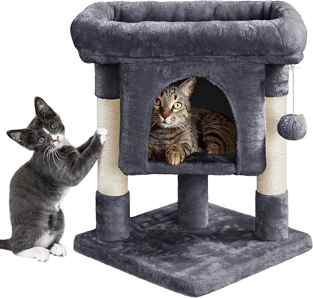 Yaheetech Basic Cat Tree Condo 59cm Spacious Cat House Small Cat Tree w/Perches/Durable Sisal Scratching Post Cat Towers for Indoor Cats, Dark Grey
