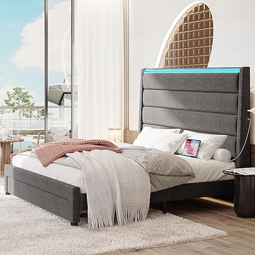 Miniatura 8 de LIKIMIO Base de cama tamaño Queen con cabecero y cajón de 55 pulgadas y 2 estaciones de carga, cama de plataforma Queen tapizada, no necesita