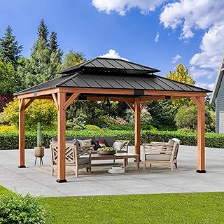 Modern Shade Rosewood Wood Gazebo 13' x 15', Hardtop Gazebo Permanent wi...