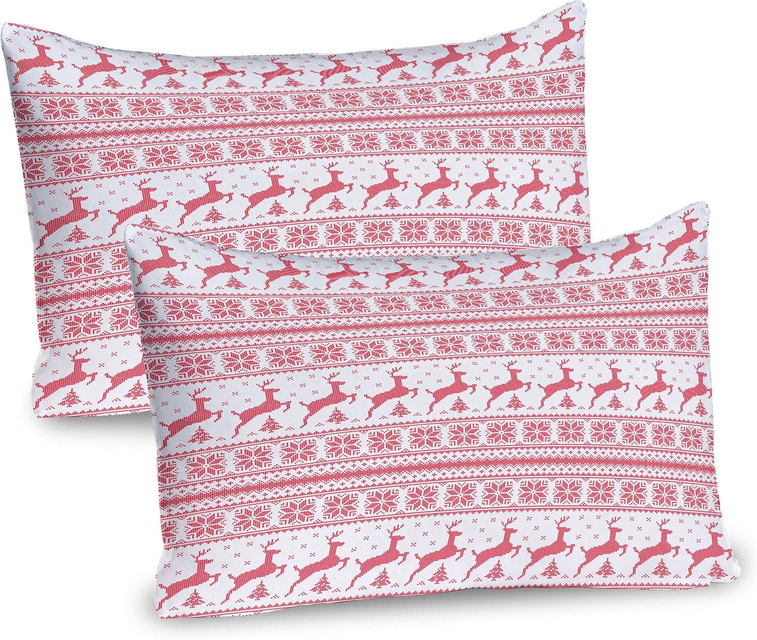 Ambesonne Nordic Pillow Sham Set of 2, Winter Christmas Ornamental Illustration with Snowflakes Reindeers Animal Pattern, Quality Microfiber Bedding Item for All Seasons, 36" x 20", Red