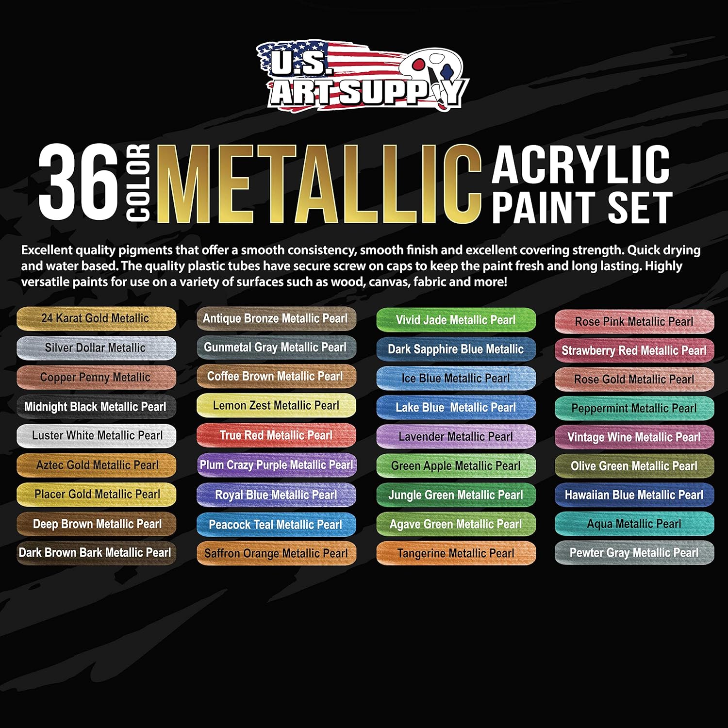 U.S. Art Supply 36-Color Metallic Acrylic Paint Set - 18ml Tubes - Acrylic Paint for Canvas Painting, Wood Crafts & Rock Painting - Color Mixing Wheel