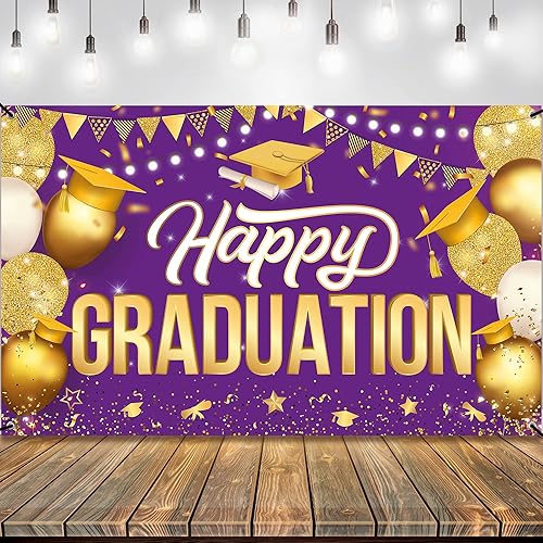 KatchOn, Cartel de feliz graduación morado y dorado – XL, 72 x 44 pulgadas | Fondo morado 2025, decoraciones de fiesta de graduación clase de 2025 |