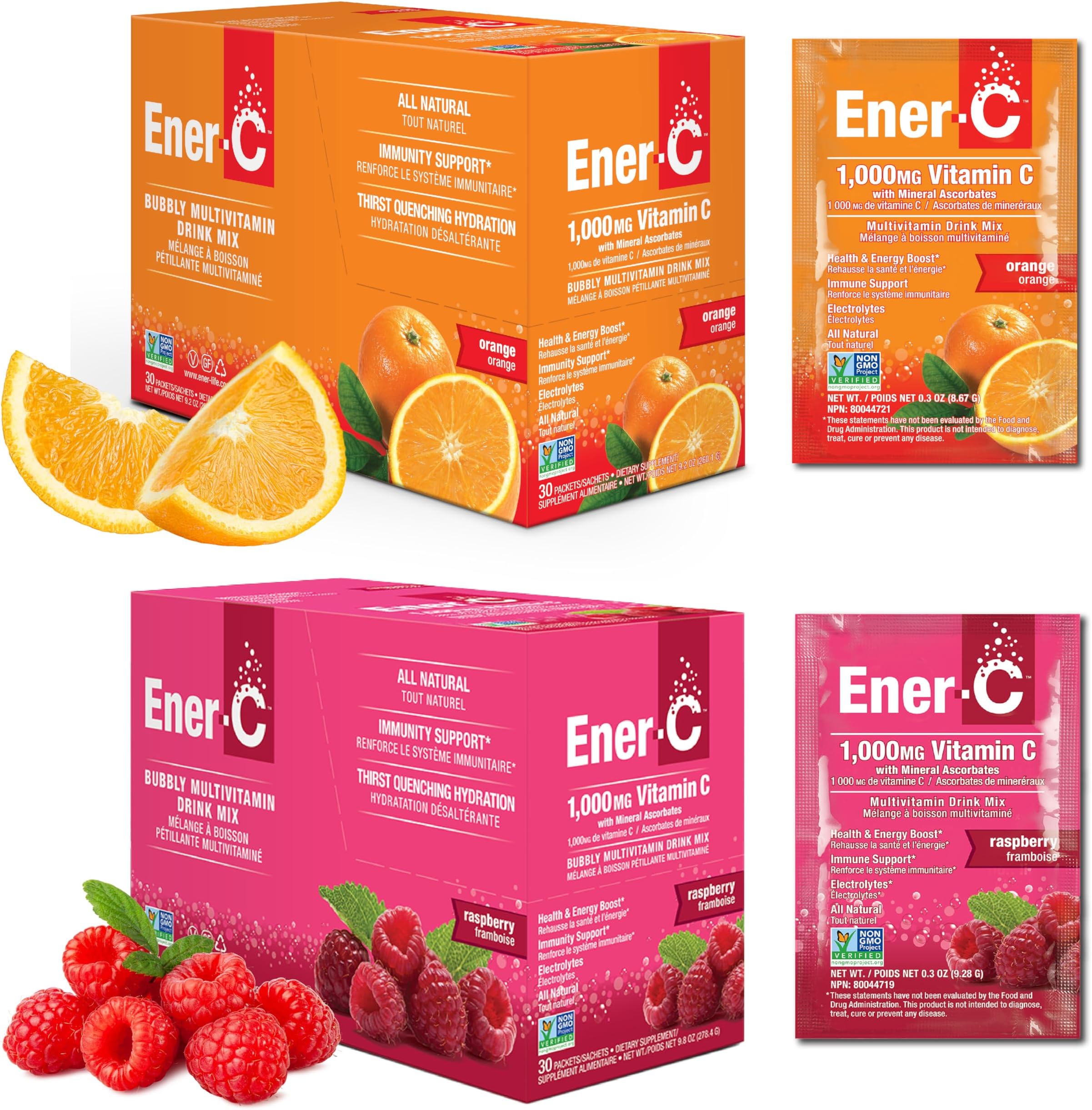 Multivitamin Drink Mix - Vitamin Packets for Water, Electrolytes Powder Packets, Drink Mix, Hydration Liquid Mix, Immune Booster for Adults, Healthy Energy - Orange & Raspberry (60 Count)