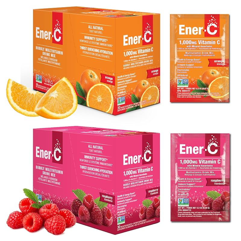 Ener-C Mistura para Bebida Multivitamínica de Vitamina C, Laranja e Framboesa, 60 sachês