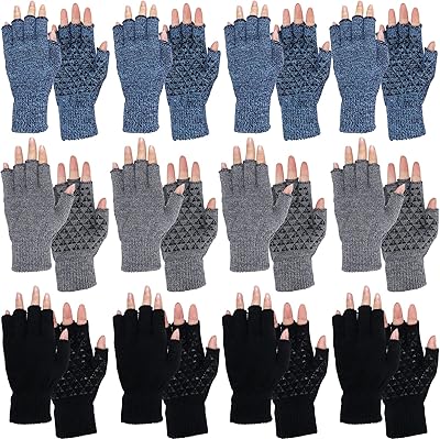12 Pairs Winter Half Fingerless Knit Gloves Stretchy Anti-Slip Gloves Warm Typing Finger Gloves for Men Women, Black Gray and Blue