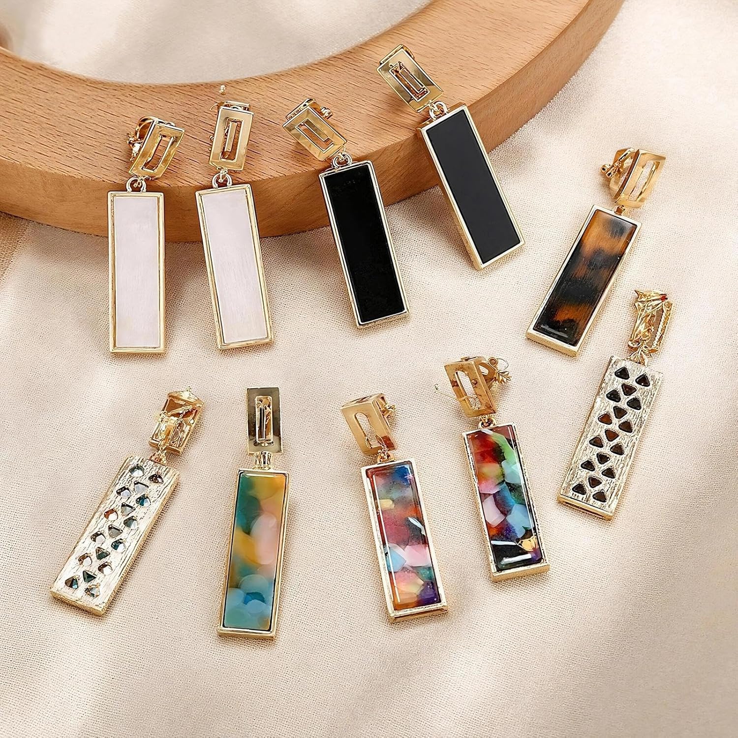 Coiris Clip on Dangle Earrings for women Colorful Rectangle Geometric Resin Dangle Boho Hypoallergenic Nonpierced Earrings for Sensitive Non-Pierced Ears - Image 6