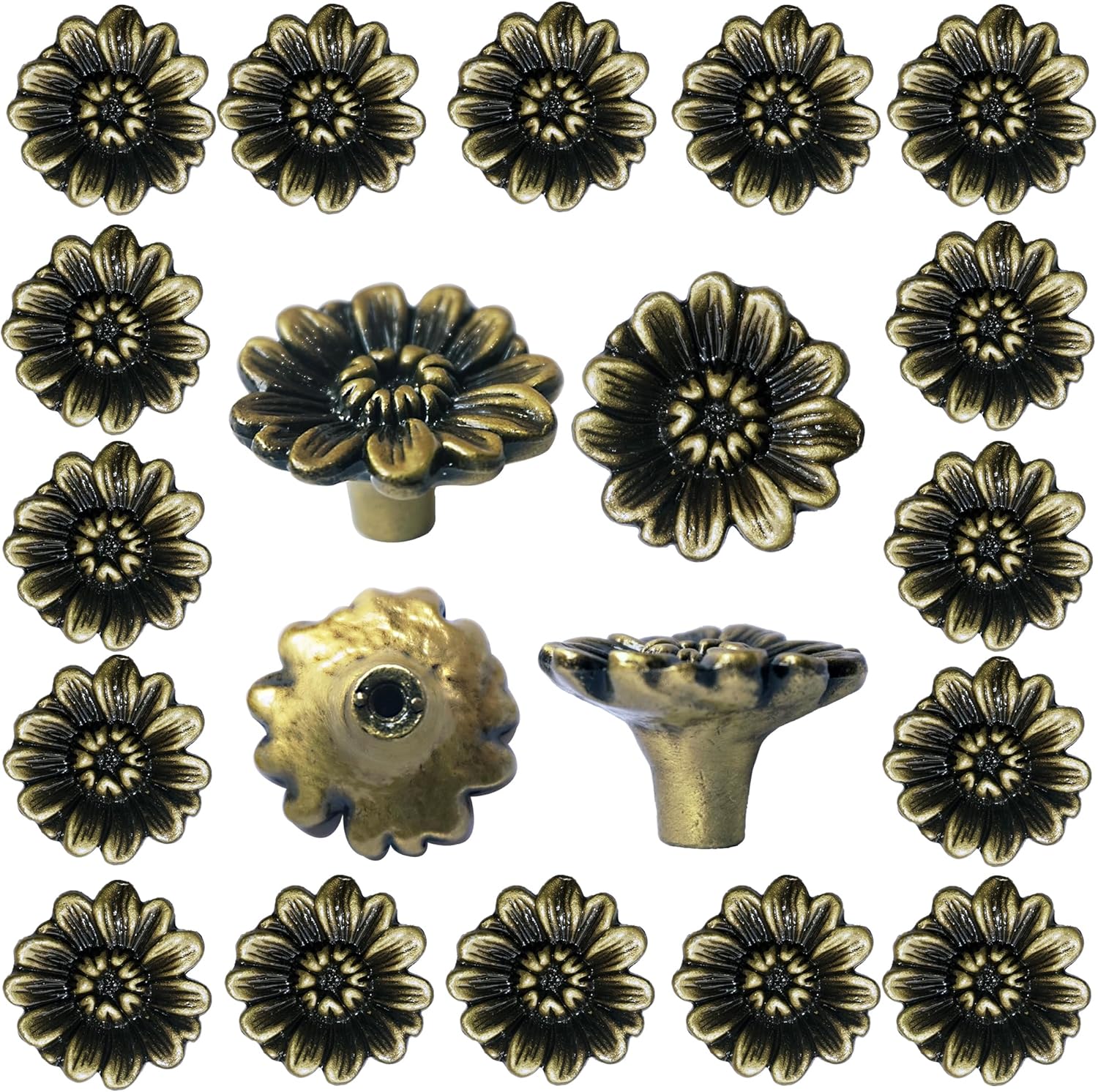 Bronzed Cabinet Knobs Vintage Dresser Drawer Knobs Daisy Floral Drawer Pulls with 3 Sized Screws for Furniture Kitchen Decor Antique Closet Handle Pull Zinc Alloy (20 Pack)