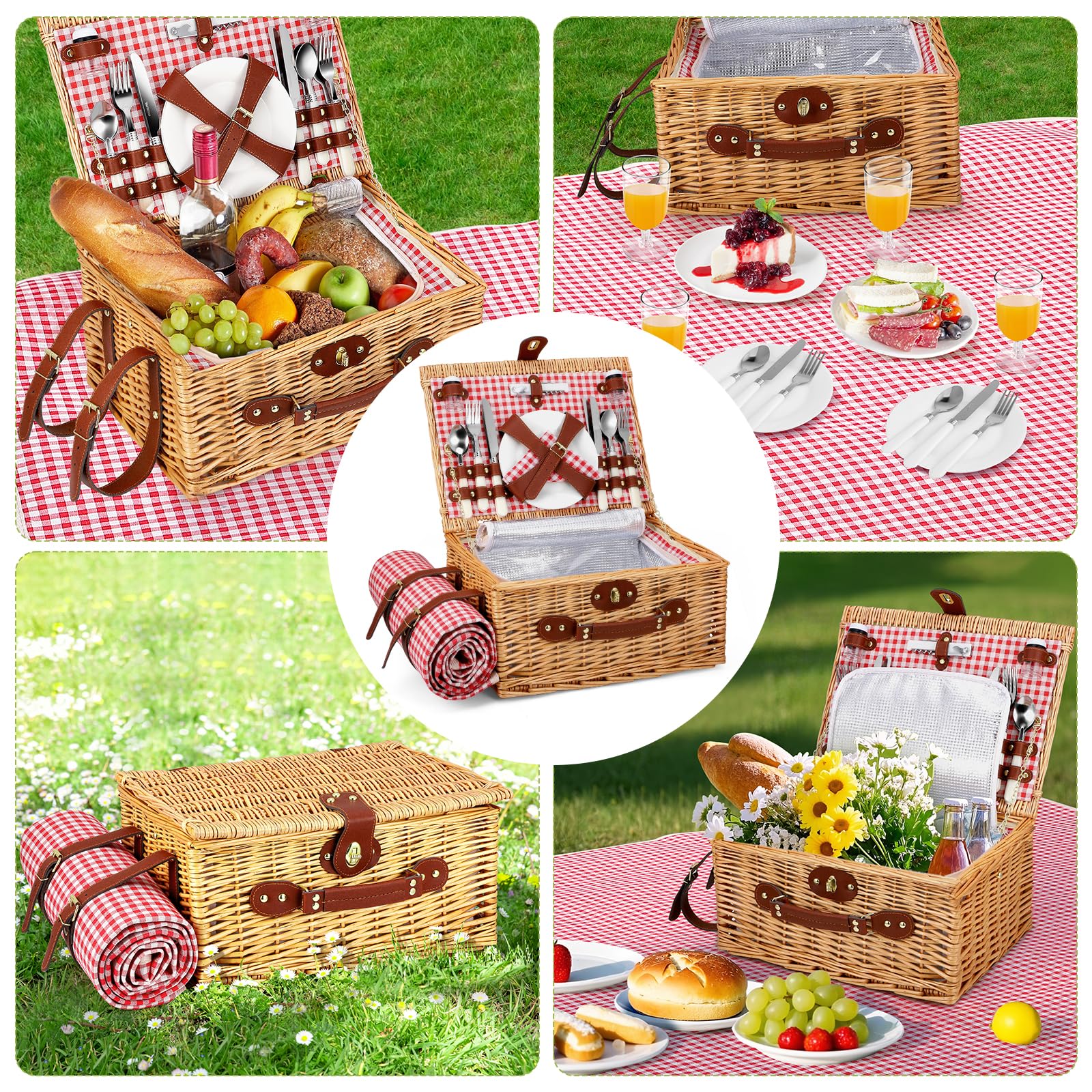 Cesta de Picnic Mimbre para 4 Personas, Cesta Trenzada a Mano con Aislamiento Integrado y Manta Impermeable – Set Completo con 4 Cubiertos, Platos, Vasos para Camping Playa jardín