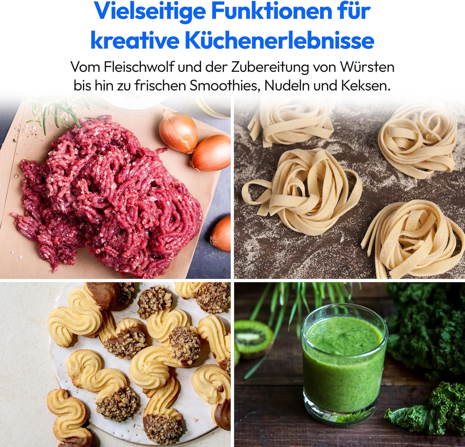 Collage showing various food preparations including smoothies