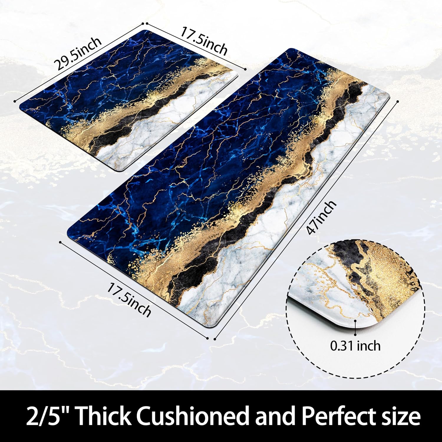 Blue Kitchen Mats and Rugs 2 Pieces Marble Anti Fatigue Cushioned Kicthen Floor Mat Gold Kitchen Accessories Non-Slip Standing Mats for Home Office Laundry (Blue Gold, 17x29.5+17x47.2)