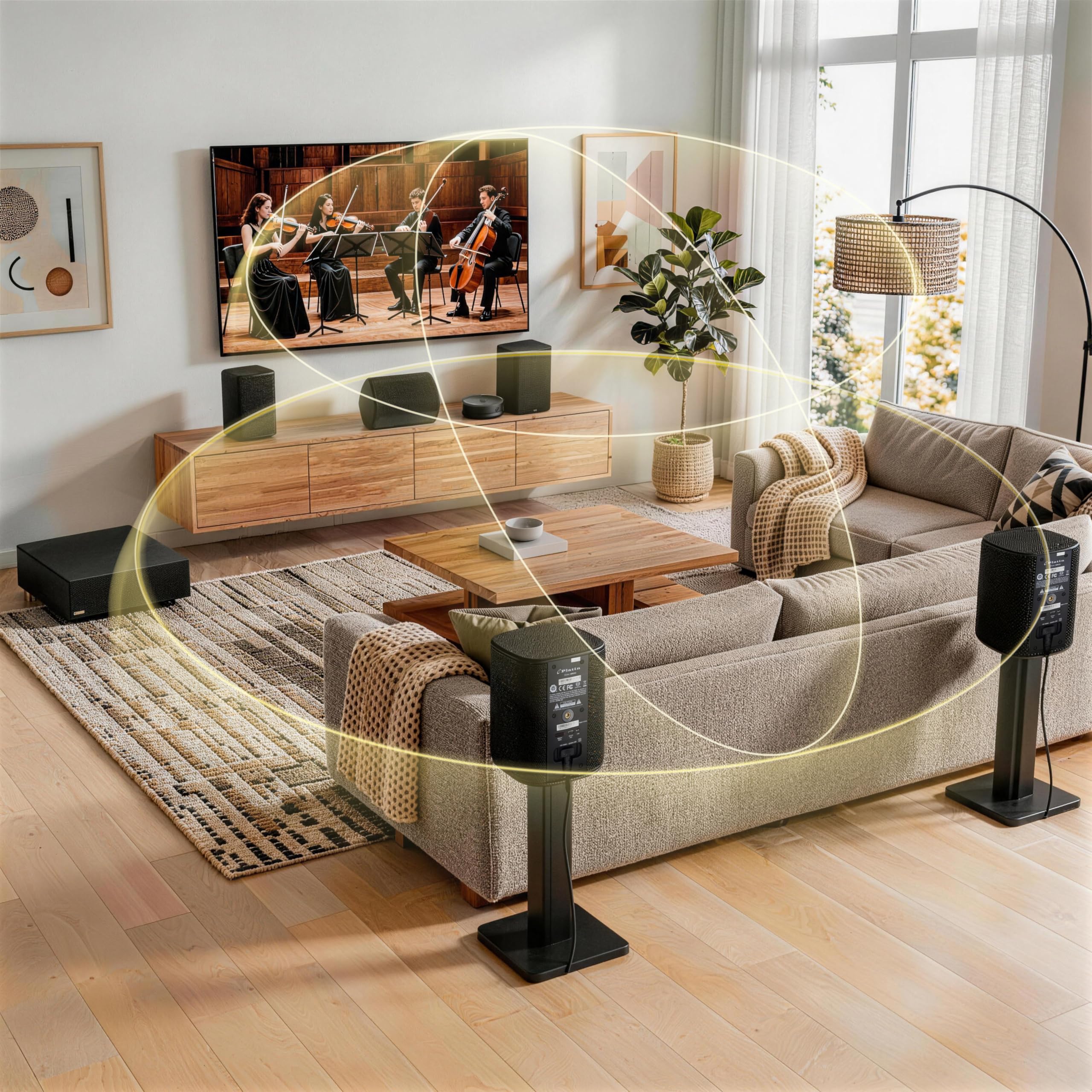 Milan Système audio 5.1 sans fil – Système audio home cinéma avec WiSA Low Latency, son surround pour TV, petit salon et appartement, compact, noir