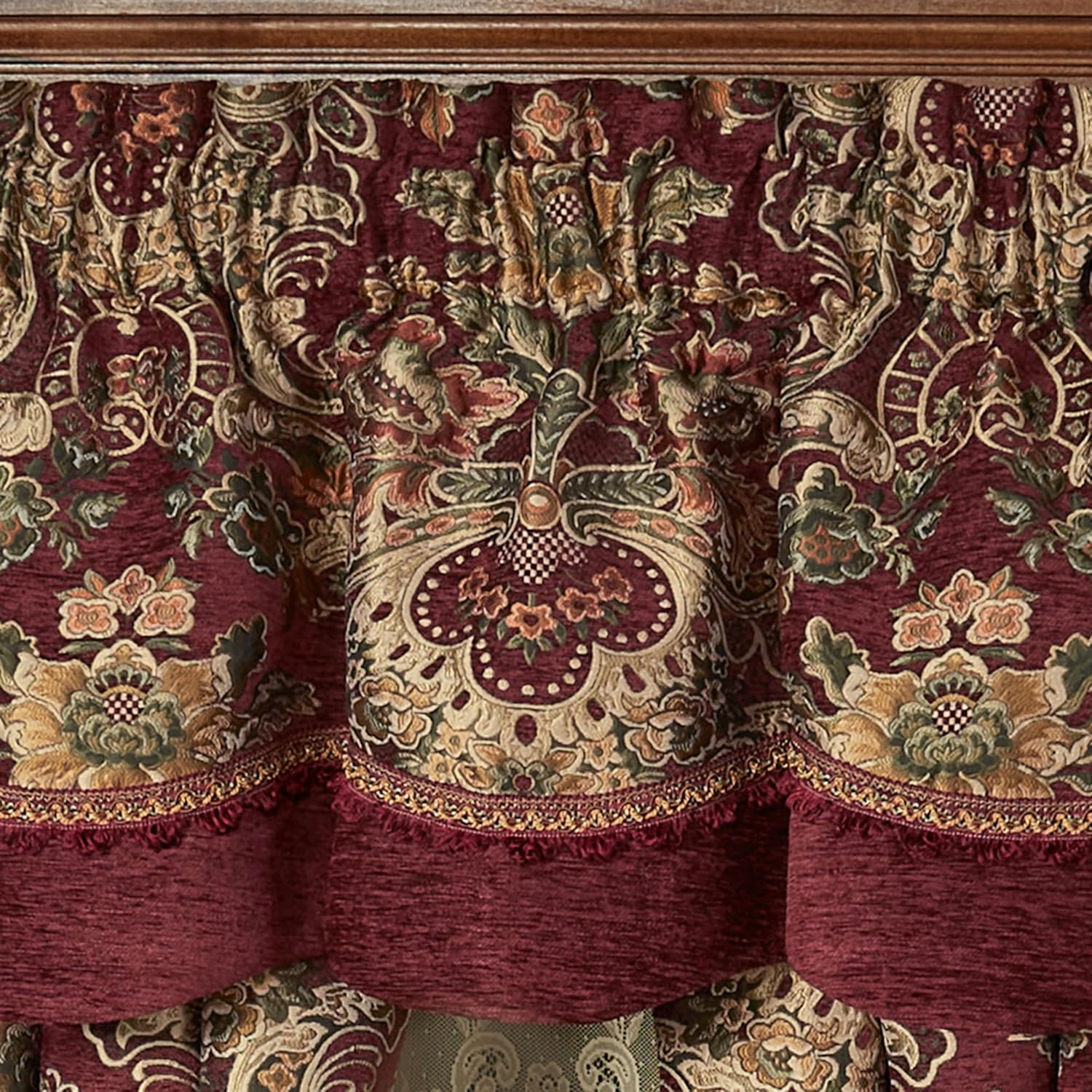 Tosca Chateau Traditional Luxury Window Treatment | Warm, Soft Burgundy Red Chenille | Colorful Woven Classic Jacobean Florals | Lined Window Drapery Set Includes Scalloped Valance & 84L Curtain Pair