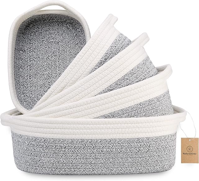 NaturalCozy 5-Piece Rectangle Storage Basket Set - Cotton Rope Woven Baskets for Organizing! Small Basket for Montessori, Baby Nursery, Dog Toy Baskets, Cat Toy Box, Bathroom Organization Bin