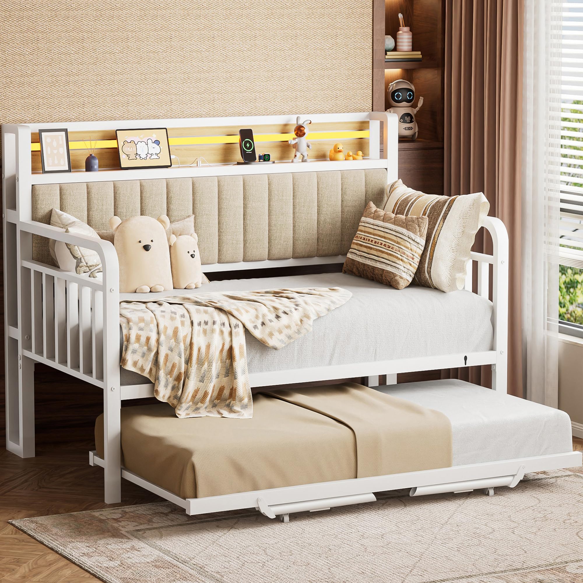 Daybed with Trundle and LED Light, Heavy Duty Metal Twin Bed Frame with Upholstered Storage Headboard & Charging Station, Day Bed Pop Up Trundle Bed Twin for Living Room,Bedroom and Guest Room, White