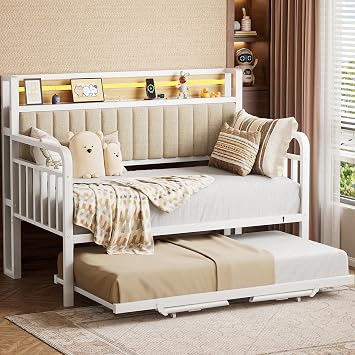 Daybed with Trundle and LED Light, Heavy Duty Metal Twin Bed Frame with Upholstered Storage Headboard & Charging Station, Day Bed Pop Up Trundle Bed Twin for Living Room,Bedroom and Guest Room White