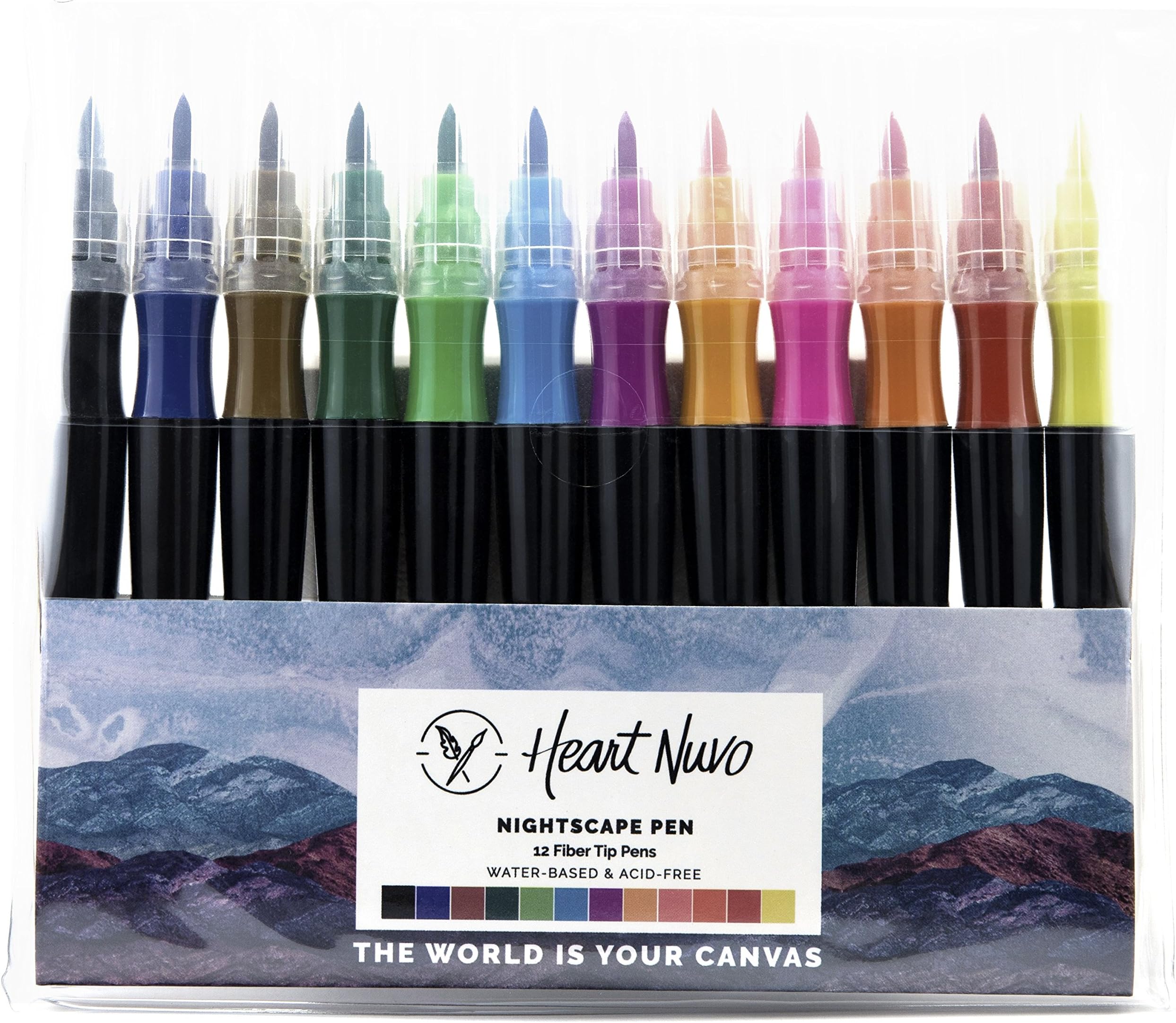 Heart Nuvo Nightscape Watercolor Brush Marker Pens, Felt Nib, Firm Tip, Set of 12 Colors