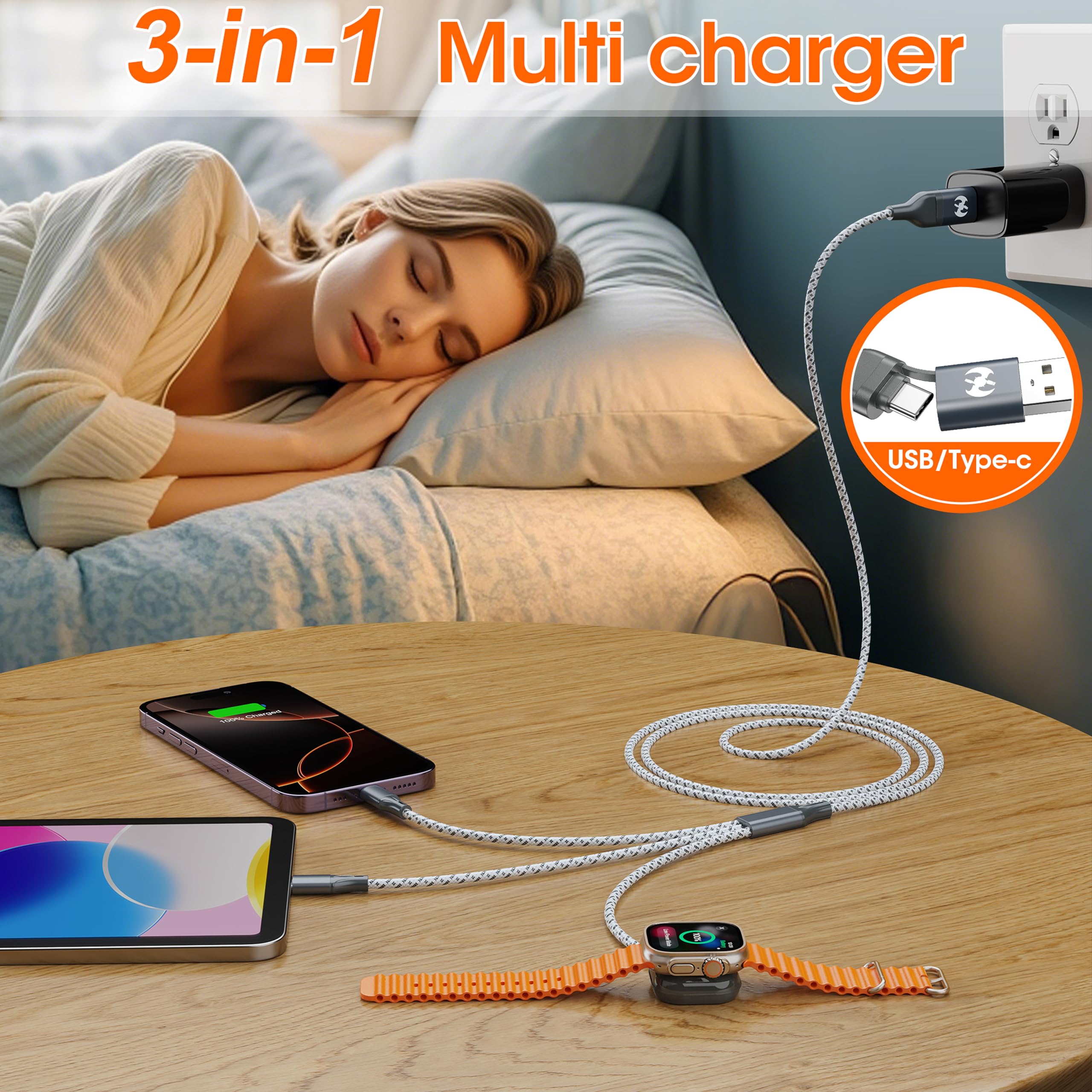 Multi Charging Cable for Apple Watch Charger 6FT Nylon Braided USB A/C Lightning Type C USB C Cord iWatch Magnetic Wireless Charger 3 in 2 Charging Wire for Apple iPhone Android Phone and iWatch