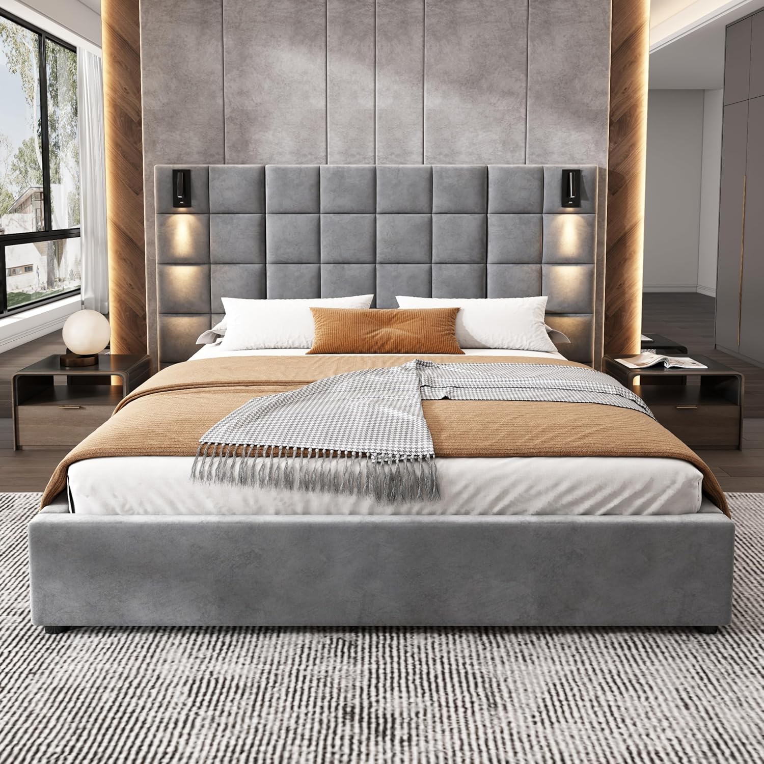 LUMISOL Queen Size Upholstered Platform Bed Frame, Velvet Bed Frame with Wide Headboard, Adjustable Reading Lamp and USB Ports, No Box Spring Needed, Gray