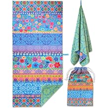Thin Microfiber Beach Towel Oversized 71X32 Large, Reversible, Lightweight, Quick Dry, Sand Free, Swim, Pool, Cruise, Compact, Camping, Carry Bag, Flower, Boho